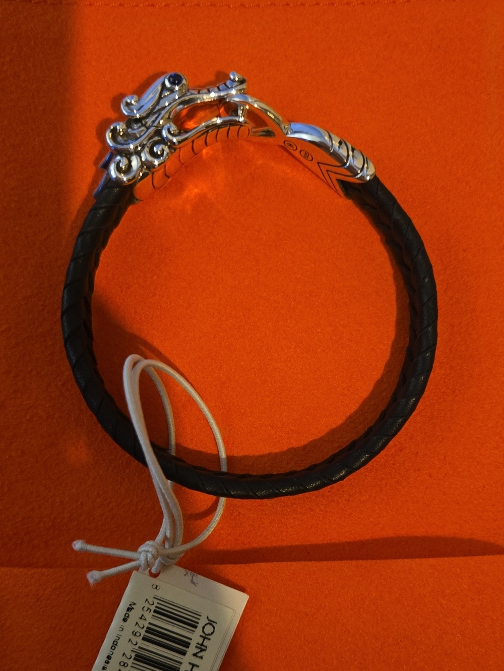 John Hardy Black Braided Leather Bracelet with Silver Dragon Clasp